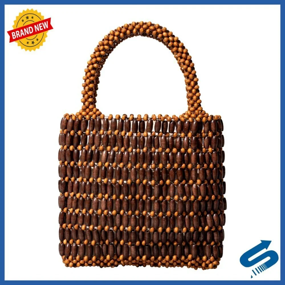 Wooden Bead Woven Tote Bag Small Handmade Retro Chic Clutch Purse